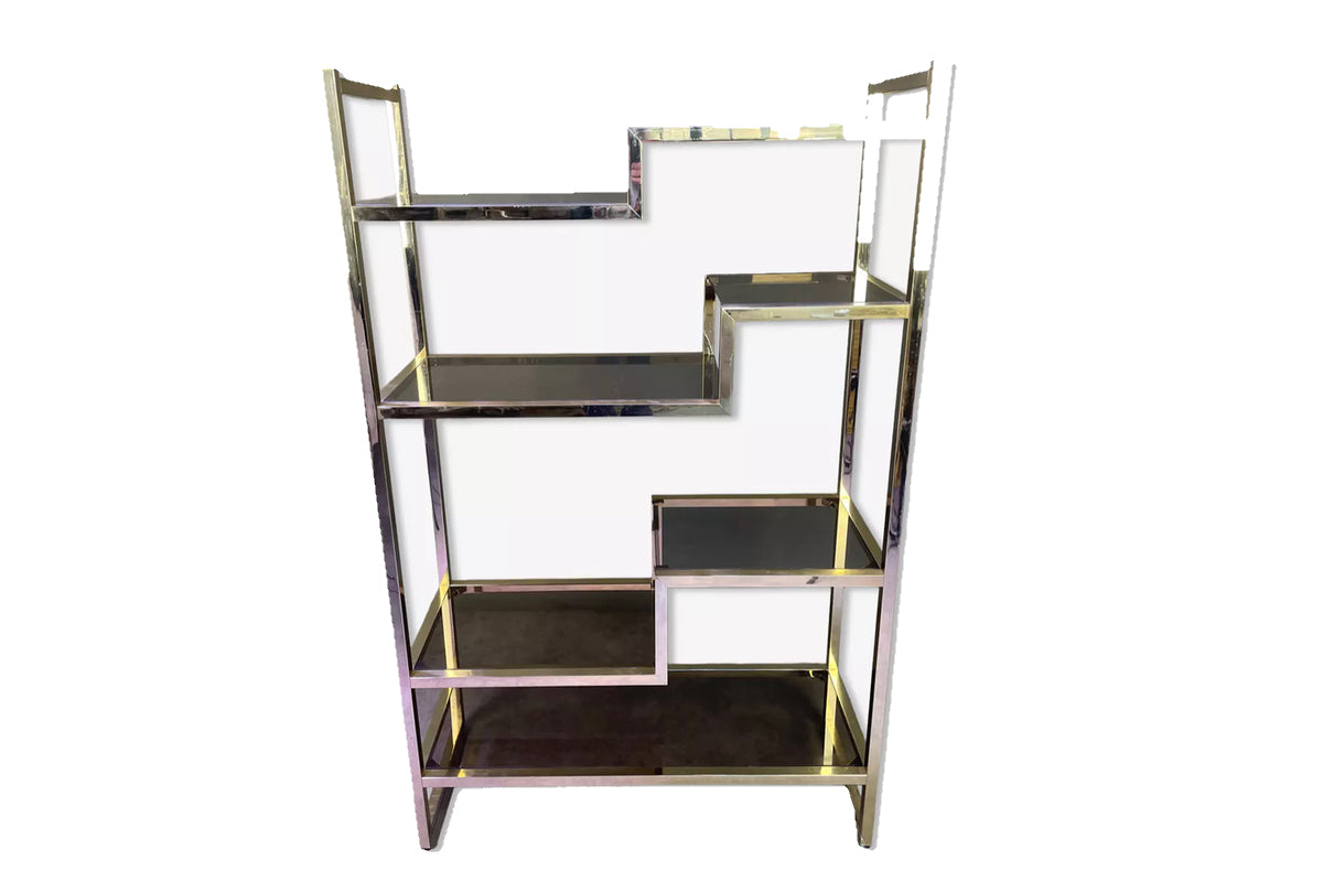 Etagère italienne en laiton doré et verre fumé